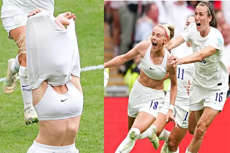 Chloe Kelly  Chloe Kelly removed jersey  Chloe Kelly removed t-shirt  Chloe Kelly shows bra  euro cup 2022  EURO Cup Final  England vs Germany euro cup  Chloe Kelly celebration  महिला फुटबॉलर ने उतारी जर्सी  यूरो कप फुटबॉल टूर्नामेंट  इंग्लैंड प्लेयर क्लो कैली