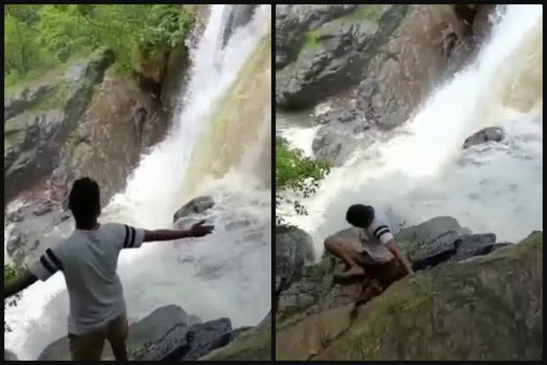 young man fell in to water falls while giving pose to camera in tamilnadu