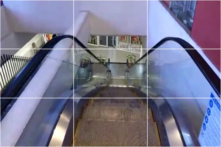 students and teacher fall on escalator