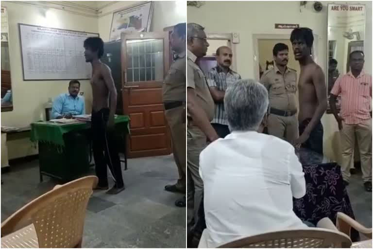 Intoxicated youth barges into the police station  Drunken youth enter the police station in rajapalayam  പൊലീസ് സ്റ്റേഷനിൽ അസഭ്യവർഷവുമായി യുവാവ്  പൊലീസുകാർക്ക് നേരെ അസഭ്യവർഷം ചൊരിഞ്ഞ് യുവാവ്  Tamilnadu news  തമിഴ്‌നാട് വാർത്തകൾ  Tamilnadu viral video  മദ്യപിച്ച് ലക്കുകെട്ട് പൊലീസ് സ്റ്റേഷനിലേക്ക്  മാരിസെൽവം