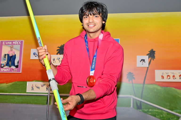 Neeraj Chopra Medal winning Javeline  Neeraj Chopra  Olympic Museum Lausanne  Chopra gifts gold medal winning javelin  നീരജ് ചോപ്ര  ലോസാന്‍ ഒളിമ്പിക് മ്യൂസിയം  നീരജ് ചോപ്ര ടോക്യോ ഒളിമ്പിക്‌സ് ജാവലിന്‍