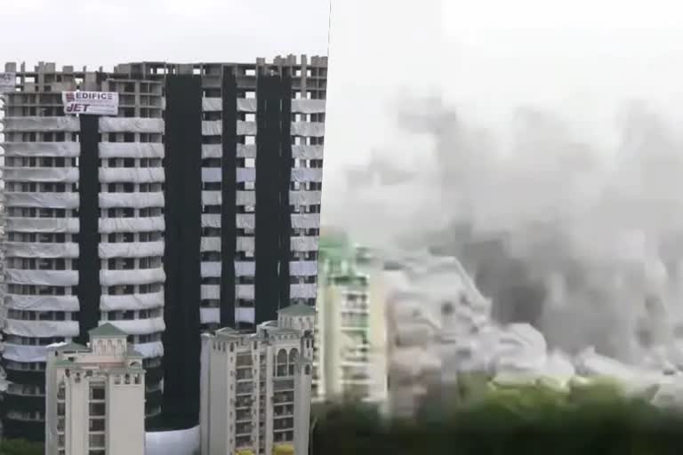 Noida Twin Tower demolished  Noida Twin Tower  Noida  കുത്തബ് മിനാറിനേക്കാള്‍ ഉയരമുള്ള കെട്ടിടങ്ങള്‍  അപെക്‌സും സെയാനും നിലംപൊത്തി  അപെക്‌സ്  സെയാന്‍