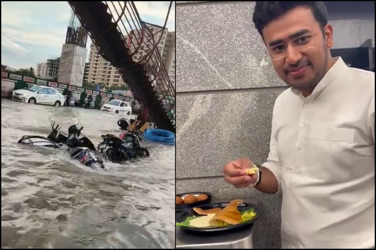 Video of BJP MP Tejasvi Surya  BJP MP Tejasvi Surya  Tejasvi Surya dosa eating video  Tejasvi Surya viral video  viral video  bangalore rain  bangalore flood  தோசையை ருசித்த பாஜக எம்பி  வெள்ள நெருக்கடி  பெங்களூர் வெள்ளம்  பெங்களூர் மழை  பாஜக எம்பி தேஜஸ்வி சூர்யா  தேஜஸ்வி சூர்யா வீடியோ  வைரல் வீடியோ