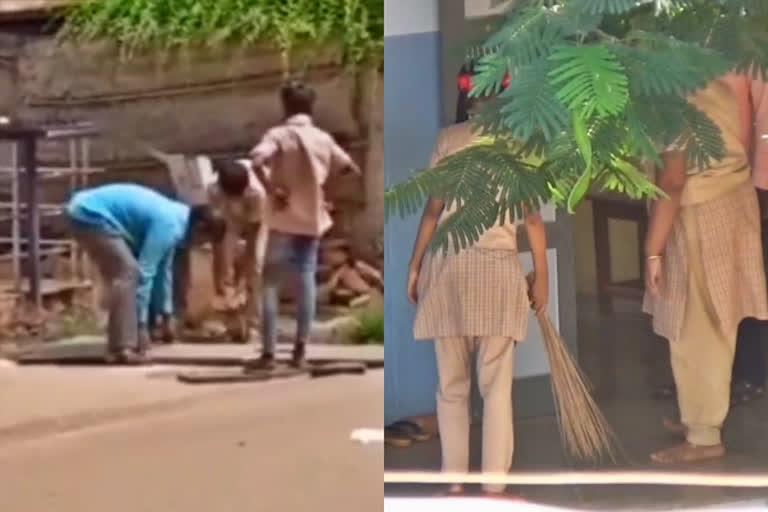 school students cleaning sewage  students cleaning sewage  students cleaning sewage in sivagangai  பள்ளி கல்வித்துறை  மாணவிகளின் கைகளில் துடப்பம்  பள்ளியை சுத்தம் செய்யும் பள்ளி மாணவர்கள்