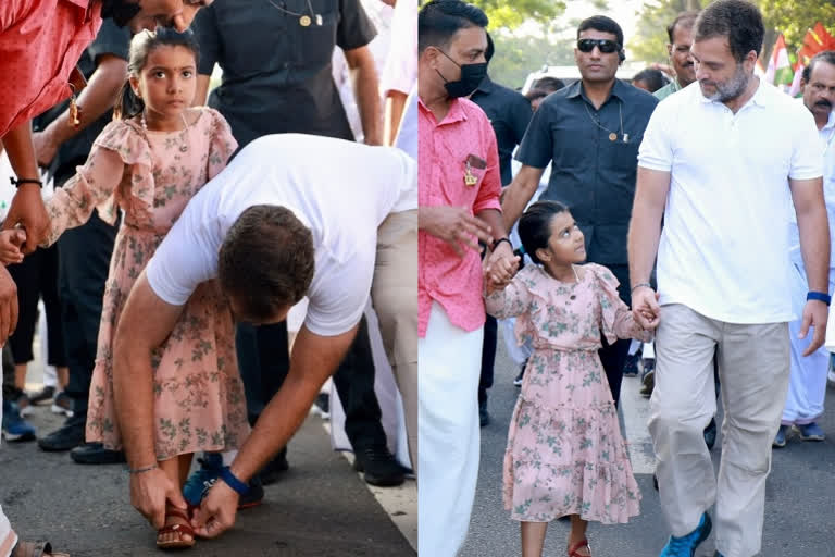 Day 11 of Bharat Jodo Yatra: In Kerala, Rahul Gandhi fixes young girl's slippers as she marches with him