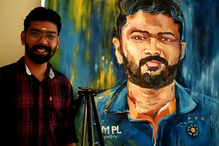 fanboy painting tribute to sanju samson  Thiruvananthapuram todays news  തിരുവനന്തപുരം മലയിന്‍കീഴ്‌ സ്വദേശി  native Malayinkeezh Thiruvananthapuram  സഞ്‌ജു സാംസണോടുള്ള ആരാധന  ഫാന്‍ ബോയിയുടെ വര പല്ലില്‍ ബ്രഷ്‌ കടിച്ചുപിടിച്ച്  സഞ്‌ജു കമന്‍റിട്ട സന്തോഷത്തില്‍ വിശ്വപ്രതാപ്