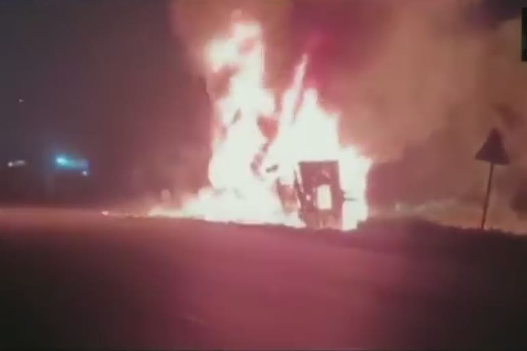 A container caught fire on NH48 near Motiwada village in Valsad gujarat