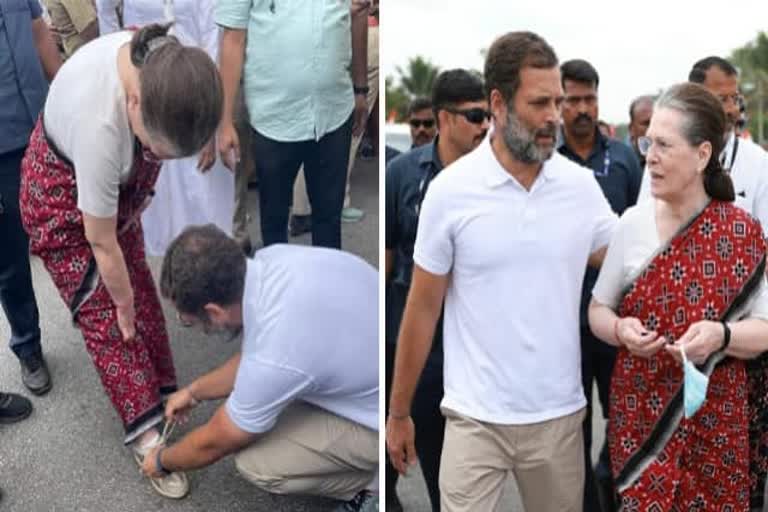 सोनिया गांधींच्या बुटाची दोरी बांधताना दिसले राहुल गांधी