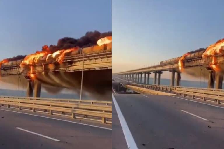 russia ukraine war  Crimea bridge blast  FIRE ON BRIDGE LINKING RUSSIA TO CRIMEA  സ്‌ഫോടനത്തിൽ തകർന്ന് ക്രിമിയൻ പാലം  ക്രിമിയൻ പാലത്തിന് തീപിടിച്ചു  ക്രിമിയൻ പാലം  കെർച്ച് കടൽപ്പാലം  റഷ്യൻ പ്രസിഡന്‍റ്  വ്ലാഡിമിർ പുടിൻ  യുക്രൈൻ പ്രസിഡന്‍റ് വ്ലാഡിമിർ സെലെൻസ്‌കി  റഷ്യൻ യുദ്ധം  റഷ്യ യുക്രൈൻ യുദ്ധം  CRIMEA bridge