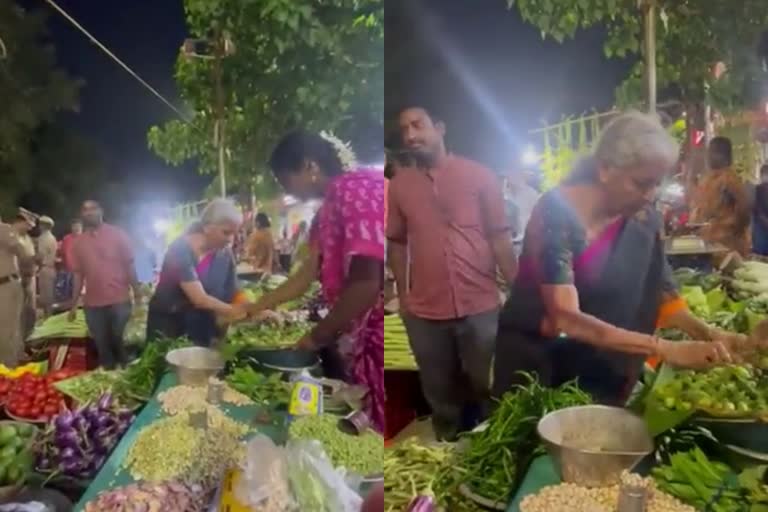 Union Finance Minister Nirmala Sitharaman buys veggies at Mylapore market in Chennai  Union Finance Minister Nirmala Sitharaman  Nirmala Sitharaman buys vegetables  Mylapore market in Chennai  Nirmala Sitharaman at Mylapore market  പച്ചക്കറി വാങ്ങാൻ നിർമല സീതാരാമൻ മൈലാപൂർ ചന്തയിൽ  നിർമല സീതാരാമൻ  നിർമല സീതാരാമൻ മൈലാപൂർ ചന്ത  മൈലാപൂർ ചന്തയിൽ ചെന്നൈ