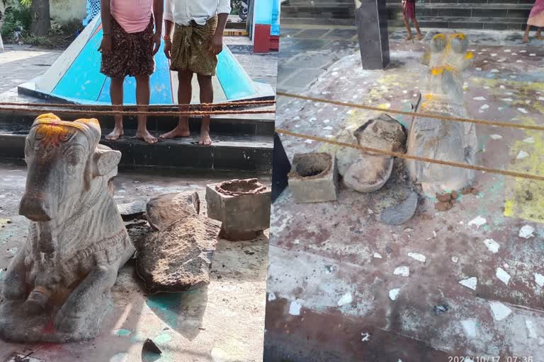 Blasting Nandi idol in ancient Shiva temple for hidden treasures  ശിവക്ഷേത്രത്തിലെ വിഗ്രഹം തകര്‍ത്ത്  ആന്ധ്രപ്രദേശിലെ പ്രകാശം  കനപര്‍ത്തി ശിവക്ഷേത്രത്തില്‍  theft in temples  damaging idols for treasure  നിധിക്ക് വേണ്ടി ക്ഷേത്രത്തില്‍ മോഷണം