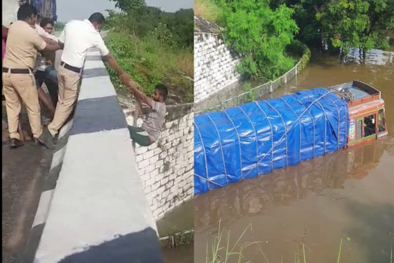 lorry stuck in flood water