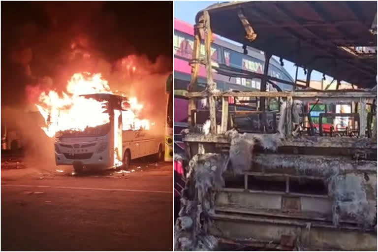 Fire in bus  Driver and conductor burnt alive in bus  ബസിന് തീപിടിച്ച് ഡ്രൈവറും കണ്ടക്‌ടറും മരിച്ചു  റാഞ്ചിയിൽ ബസിന് തീ പിടിച്ചു  ഡ്രൈവർക്കും സഹായിക്കും ദാരുണാന്ത്യം  ജാർഖണ്ഡിൽ ബസിന് തീപിടിച്ച് രണ്ട് മരണം  ഖഡ്‌ഗരഹ ബസ് സ്റ്റാൻഡ്  Khadgaraha bus stand in the Ranchi