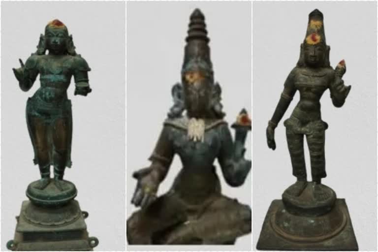 Antique idols hidden in TN temple seized  Antique idols  Antique idols seized  Antique idols hidden in tamil nadu temple  Three antique idols concealed in tamilnadu temple  നാഗപട്ടണം ജില്ല  പുരാതന വിഗ്രഹങ്ങൾ കണ്ടുകെട്ടി  വിഗ്രഹങ്ങൾ പിടികൂടി  പുരാതന വിഗ്രഹങ്ങൾ പിടിച്ചെടുത്തു  തമിഴ്‌നാട് ഐഡൽ വിംഗ് സിഐഡി  നാഗപട്ടണം തിരുക്കുവളൈ  പന്നക പരമേശ്വര സ്വാമി ക്ഷേത്രത്തിൽ വിഗ്രഹങ്ങൾ  വെങ്കല വിഗ്രഹങ്ങൾ പിടികൂടി  ചോളരുടെ കാലത്തെ വിഗ്രഹങ്ങൾ  ക്ഷേത്രത്തിൽ നിന്ന് മോഷ്‌ടിക്കപ്പെട്ട വിഗ്രഹങ്ങൾ  വിഗ്രഹം മോഷണം  വിഗ്രഹ മോഷണം