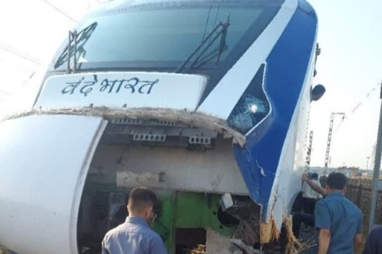 vande bharat train  train hit into cattle  vande bharat train hit into cattle in gujarat  vande bharat train accident  gujarat train accident  semi high speed train  latest national news  latest news today  വന്ദേഭാരത് ട്രെയിന്‍ കന്നുകാലിയെ ഇടിച്ചു  സെമിഹൈസ്‌പീഡ് ട്രെയിന്‍  ട്രെയിന്‍ അപകടത്തില്‍പെടുന്നത് ഈ മാസം മൂന്നാം തവണ  അതുല്‍ റെയില്‍വേ സ്‌റ്റേഷനില്‍  വന്ദേഭാരത് എക്‌സ്‌പ്രസ്  മുംബൈ ഏറ്റവും പുതിയ വാര്‍ത്ത  ഏറ്റവും പുതിയ ദേശീയ വാര്‍ത്ത  ഇന്നത്തെ പ്രധാന വാര്‍ത്ത