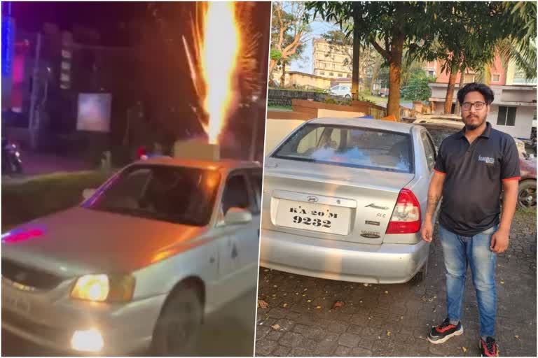 driving car with bursting firecrackers  bursting firecrackers  firecrackers  ഉഡുപ്പിയിലെ വൈറല്‍ യുവാവിനെ പൂട്ടി പൊലീസ്  പടക്കം  പടക്കം പൊട്ടിക്കല്‍  വീഡിയോ  വൈറല്‍ വീഡിയോ  മണിപാല്‍ പൊലീസ്  മണിപാല്‍  Manipal police  Manipal  Karnataka  Manipal Karnataka