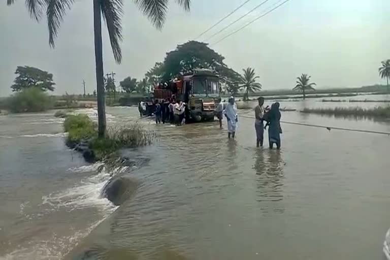 Lorry Stuck in Flood Water at Davangere