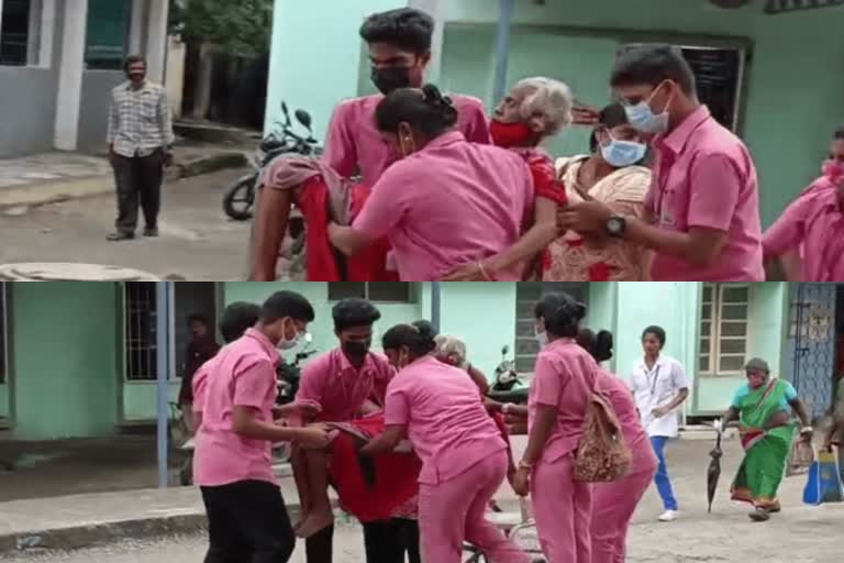 மருத்துவமனையில் சக்கர நாற்காலி கிடைக்காததால் மூதாட்டியை கையில் தூக்கிச் சென்ற அவலம்