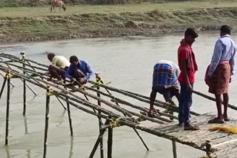 villagers are making Bamboo Bridge on Shilabati River in Chandrakona