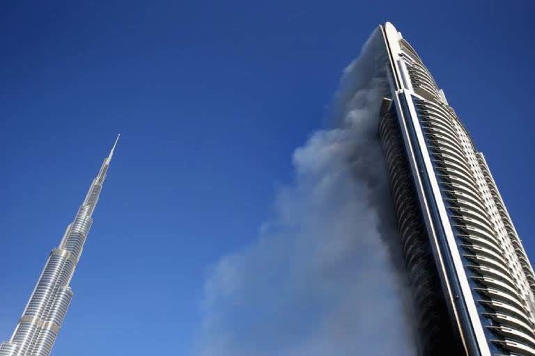 Fire Races Up High Rise Near Burj Khalifa in Dubai