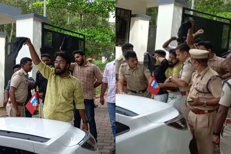 SFI activists showed black flag  SFI activists showed black flag against KTU VC  KTU VC  black flag against sis thomas  kerala latest news  malayalam news  SFI activists thiruvananthapuram  കരിങ്കൊടി  കെ ടി യു വി സി ക്ക് നേരെ കരിങ്കൊടി  എസ്‌എഫ്‌ഐ പ്രവർത്തകർ കരിങ്കൊടി കാണിച്ചു  കെ ടി യു വി സി ക്ക് നേരെ എസ്‌എഫ്‌ഐ പ്രവർത്തകർ  കേരള സാങ്കേതിക സർവകലാശാല വി സി  കേരള വാർത്തകൾ  മലയാളം വാർത്തകൾ  സിസ തോമസിന്‍റെ വാഹനം തടഞ്ഞു നിർത്തി കരിങ്കൊടി