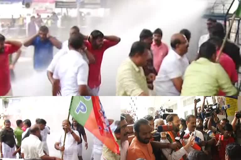 police used tear gas and water canon  Prakash Javadekar at Thiruvananthapuram  BJP Leader Prakash Javadekar  Prakash Javadekar at corporation protest  കത്ത് വിവാദത്തില്‍ പ്രതിഷേധം അക്രമാസക്തം  പ്രകാശ്‌ ജാവദേക്കര്‍  തിരുവനന്തപുരം കോര്‍പറേഷന്‍  മേയര്‍ ആര്യ രാജേന്ദ്രന്‍  ഒബിസി മോർച്ച