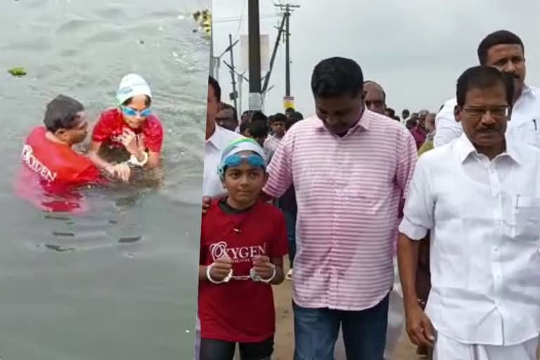 girl swam across Vembanad Lake  girl swam across Vembanad Lake with handcuffs  Eleven year old girl swam across Vembanad Lake  പതിനൊന്നുകാരി വേമ്പനാട്ട് കായൽ നീന്തിക്കടന്നു  ലയ ബി നായര്‍  Laya B Nair  വിലങ്ങണിഞ്ഞ് വേമ്പനാട്ട് കായല്‍ നീന്തിക്കടന്നു  കോട്ടയം ജില്ലയിലെ വൈക്കം  വേമ്പനാട്ട് കായൽ  അരൂര്‍ എംഎല്‍എ ദലീമ ജോജോ  കോട്ടയം എം പി തോമസ് ചാഴിക്കാടന്‍