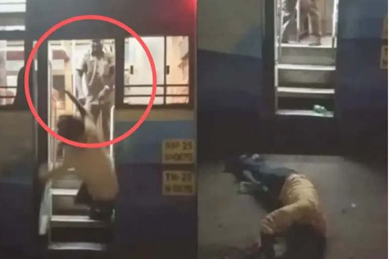 TNSTC Bus conductor suspended who pushed passenger  TNSTC Bus conductor suspended  Vandavasi  conductor violently pushed off drunk man from bus  conductor pushed off drunk man from TNSTC bus  TNSTC bus  ടിഎന്‍എസ്‌ടിസി  തമിഴ്‌നാട് എസ്‌ടിസി കണ്ടക്‌ടര്‍ക്ക് സസ്‌പെന്‍ഷന്‍  ചവിട്ടുപടിയില്‍ നിന്നും മദ്യപനെ തള്ളിയിട്ട് ക്രൂരത