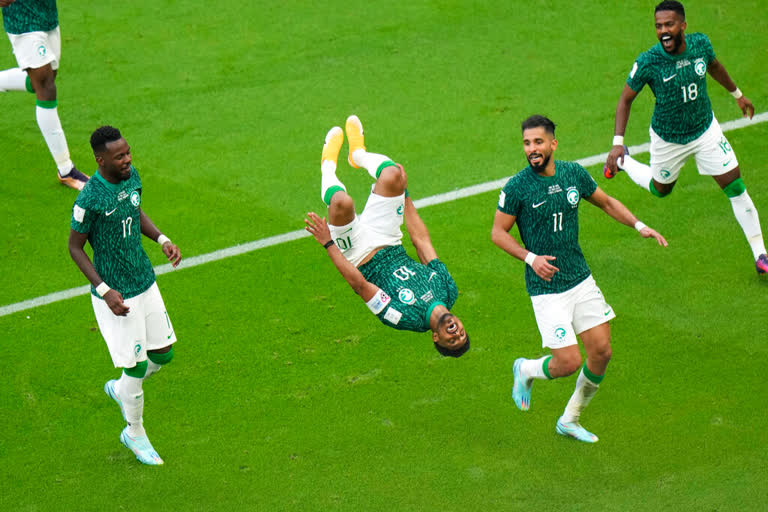 Saudi Arabia's Salem Al-Dawsari's celebration with a cartwheel and a backflip after scoring his side's second goal during the World Cup group C soccer match with Argentina at the Lusail Stadium in Lusail, Qatar will forever be etched in the annals of the Arab world's football history.