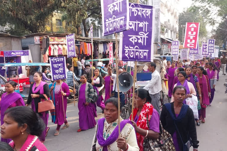 ASHA and ICDS workers protest in Siliguri demanding not to work for Aawas Yojana