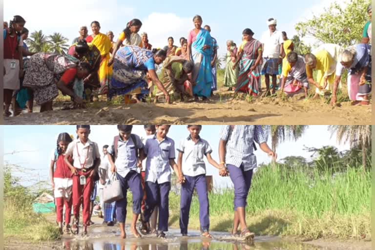 சாலை வசதி வேண்டி ஊர்மக்கள் நாற்று நட்டு நூதன போராட்டம்