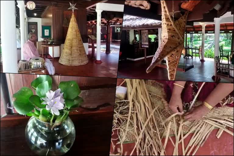 kumarakam coconut lagoon using backwater pola  coconut lagoon  backwater pola  backwater pola kumarakam  xmas tree with pola plant  manu card with pola plant  കായൽ പോള  കുമരകത്തെ കോക്കനട്ട് ലഗൂൺ  water hyacinth  water hyacinth uses  പോള കൊണ്ട് ക്രിസ്‌മസ് ട്രീ  പോള കൊണ്ട് ടേബിൾ മാറ്റും മെനു കാർഡും  കേരള വാർത്തകൾ  മലയാളം വാർത്തകൾ  കായലിലെ പോള ചെടി  കായൽ ടൂറിസം  പോള കൊണ്ടുള്ള തൊപ്പി  പോള നിർമാർജനം