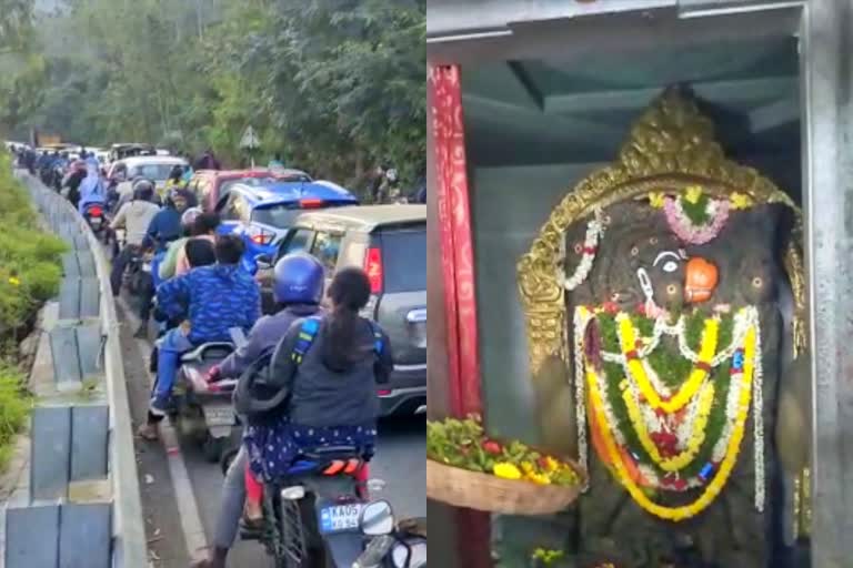 Traffic jam caused by large number of tourists arriving at Nandigiri Dham