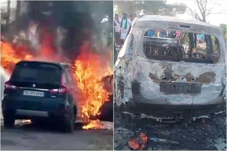 car caught fire in karnataka  car caught fire  horse gram crop  car caught fire Six malayalais escaped  car accident in karnataka  karnataka car accident  ടയറിനിടയിൽ മുതിര കുടുങ്ങി  ഓടിക്കൊണ്ടിരിക്കെ കാറിന് തീപിടിച്ചു  കാറിന് തീപിടിച്ചു  കാർ കത്തിനശിച്ചു  കർണാടകയിൽ കാറിന് തീപിടിച്ചു  കർണാടകയിൽ കാർ കത്തി  മലയാളി യുവാക്കൾ സഞ്ചരിച്ച കാറിന് തീപിടിച്ചു  ഗുണ്ടൽപേട്ട്  കർണാടക ഗുണ്ടൽപേട്ട്  മുതിര  മുതിര കാറിന്‍റെ ടയറിനിടയിൽ കുടുങ്ങി അപകടം  ഹൊന്നഗൗഡനഹള്ളി  യുവാക്കൾ സഞ്ചരിച്ച കാർ കത്തി നശിച്ചു