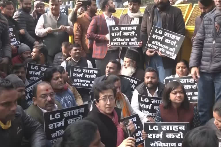 Aam Aadmi Party workers protest outside LG's residence in Delhi