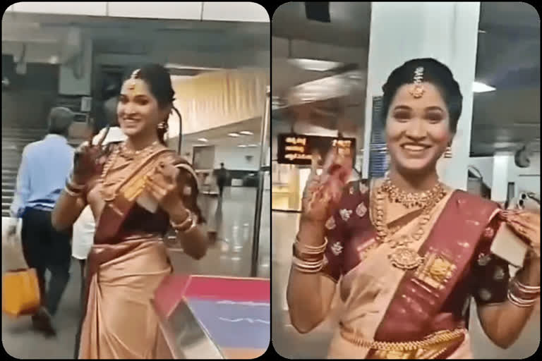 Smart Bengaluru Bride Stuck in Heavy Traffic  She reached to marriage hall via Metro  Heavy Traffic in Bengaluru  ಟ್ರಾಫಿಕ್​ನಲ್ಲಿ ಸಿಲುಕಿಕೊಂಡ ಮಧುಮಗಳು  ಮೆಟ್ರೋ ಮೂಲಕ ಕಲ್ಯಾಣ ಮಂಟಪ ಸೇರಿಕೊಂಡ ವಧು  ಮತ್ತೊಮ್ಮೆ ನೆಟ್ಟಿಗರ ಮನೆಯಲ್ಲಿ ಗಂಭೀರ ಚರ್ಚೆ  ಬೆಂಗಳೂರು ಟ್ರಾಫಿಕ್​ ಸಮಸ್ಯೆ  ದಿನದಿಂದ ದಿನಕ್ಕೆ ಟ್ರಾಫಿಕ್​ ಸಮಸ್ಯೆ  ಸಾಮಾಜಿಕ ಜಾಲತಾಣಗಳಲ್ಲಿ ಈ ವಿಡಿಯೋ ಭಾರಿ ಸದ್ದು  ವಿಮಾನ ಪೈಲಟ್​ಗಳು ಟ್ರಾಫಿಕ್​ ಸಮಸ್ಯೆ