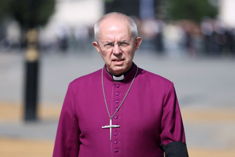 FILE - The Archbishop of Canterbury Justin Welby walks in Westminster on Sept. 14, 2022. The Church of England said Wednesday, Jan. 18, 2023, it will allow blessings for same-sex, civil marriages for the first time — but its position on gay marriage will not change and same-sex couples will still not be able to marry in its churches. The plans, to be outlined in a report to the General Synod, which meets in London next month, came after five years of debate and consultation on the church's position on sexuality. (Richard Heathcote/Pool Photo via AP)