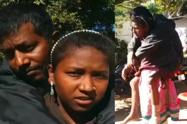 MP woman carries sick father  MP woman carries sick father to MLAs house  പിതാവിനെ ചുമലിലേറ്റി മകൾ  ഗംഗ്രീൻ  ഗാംഗ്രീൻ രോഗം  എംഎൽഎ ഓംകാർ സിങ് മർകം  പിതാവിനെ ചുമലിലേറ്റി രണ്ട് കിലോമീറ്റർ നടന്ന് മകൾ