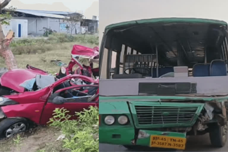 four people in same family died  4 killed in a Horrible accident  accident near thittakudi  tamilnadu latest accident  tnstc car accident  latest news in tamilnadu  latest news today  ടിഎന്‍എസ്‌ടിസി ബസും കാറും കൂട്ടിയിടിച്ച് അപകടം  ഒരേ കുടുംബത്തിലെ നാല് പേര്‍ മരിച്ചു  ചെന്നൈ ത്രിച്ചി ദേശീയ പാത  കൂടല്ലൂര്‍ അപകടം  തമിഴ്‌നാട് ഏറ്റവും പുതിയ വാര്‍ത്ത  ഇന്നത്തെ പ്രധാന വാര്‍ത്ത