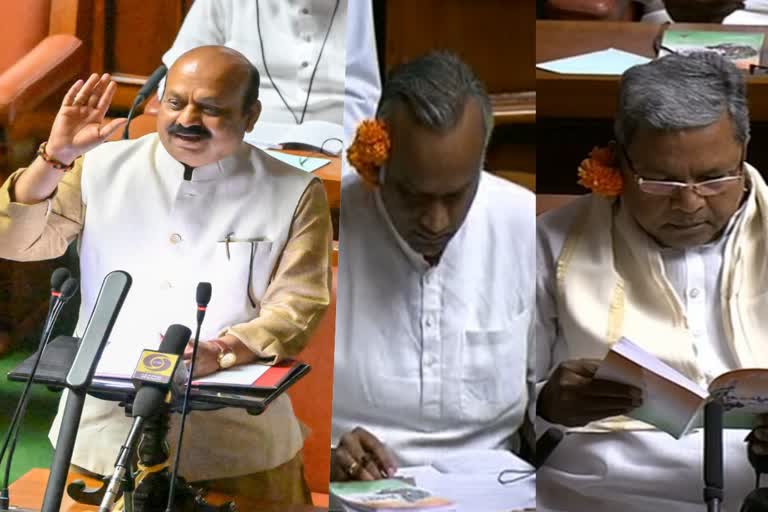 congress members  budget session in karnataka  karnataka budget  flowers in the ears of congress  Leaders who expressed outrage  latest national news  basavaraj bommai  latest news in karnataka  ബിജെപി  കര്‍ണാടക ബജറ്റ്  കര്‍ണാടക ബജറ്റ് 2023  ചെവിയില്‍ പൂവു വച്ച് പ്രതിഷേധം  കര്‍ണാടകയിലെ റവന്യൂ സര്‍പ്ലസ് ബജറ്റ്  ബസവരാജ് ബൊമ്മൈ  ചീഫ് വിപ്പ് നാരായണസ്വാമി  പ്രകാശ് റാത്തോട്  പൂവ് ചൂടി പ്രതിപക്ഷ പ്രതിഷേധം  കര്‍ണാ  കര്‍ണാടകയിലെ പ്രതിപക്ഷ പ്രതിഷേധം  ബെംഗളൂരു ഏറ്റവും പുതിയ വാര്‍ത്ത  ഇന്നത്തെ പ്രധാന വാര്‍ത്ത  ഏറ്റവും പുതിയ ദേശീയ വാര്‍ത്ത  കോണ്‍ഗ്രസ്