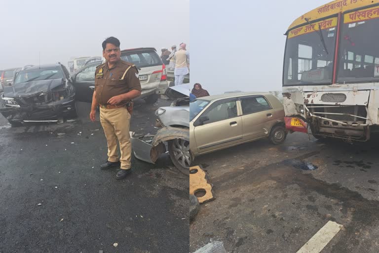 fog Delhi Meerut Expressway  Meerut Expressway accident  Many injured  cars collided  fog accident in up  Gaziabad  vehicles crash meerut  ഡൽഹി മീററ്റ് എക്‌സ്‌പ്രസ്‌ വേയിൽ  ഗാസിയാബാദ്  expressway accident  ഗതാഗതം സ്‌തംഭനം