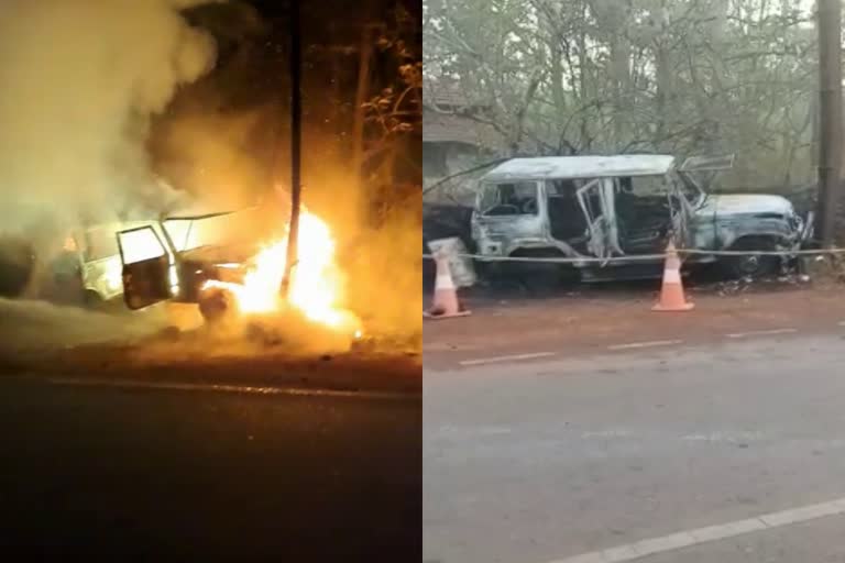 police jeep fire  police jeep burned in kasargod  police jeep burned after accident in kasargod  police jeep accident  police  kasargod police jeep accident  പൊലീസ് ജീപ്പ് വൈദ്യുതി പോസ്റ്റിൽ ഇടിച്ചു  പൊലീസ് ജീപ്പ്  പൊലീസ് ജീപ്പ് അപകടം  പൊലീസ് ജീപ്പ് അപകടത്തിൽപ്പെട്ടു  പൊലീസ് ജീപ്പ് കത്തിനശിച്ചു  പൊലീസ് ജീപ്പിന് തീപിടിച്ചു  തീപിടിത്തം  പൊലീസ് വാഹനം  പൊലീസ് വാഹനം പോസ്റ്റിൽ ഇടിച്ചു  കാസർകോട് പൊലീസ് ജീപ്പ് അപകടം  കാസർകോട് വിദ്യാനഗർ