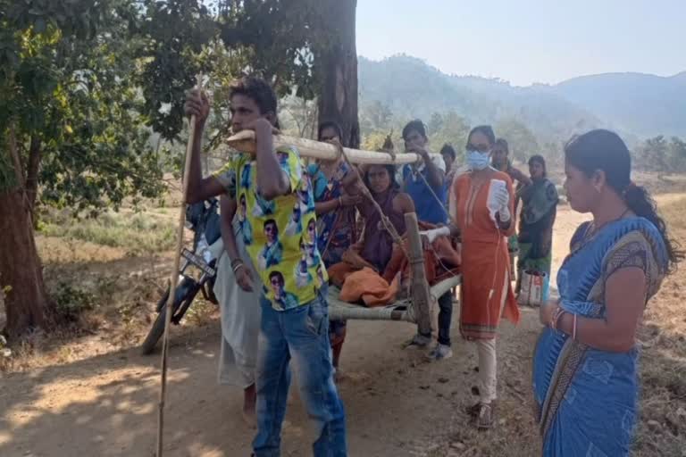 pregnant woman carried on cot