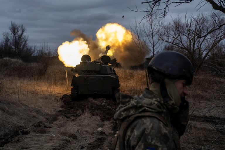 A Ukrainian self-propelled artillery vehicle fires on the frontline, Donetsk region