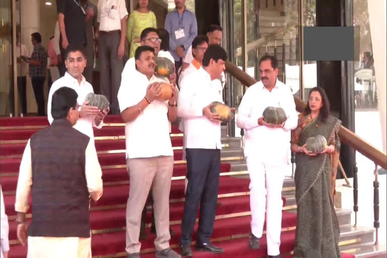 protest outside the Vidhan Bhawan by holding pumpkins