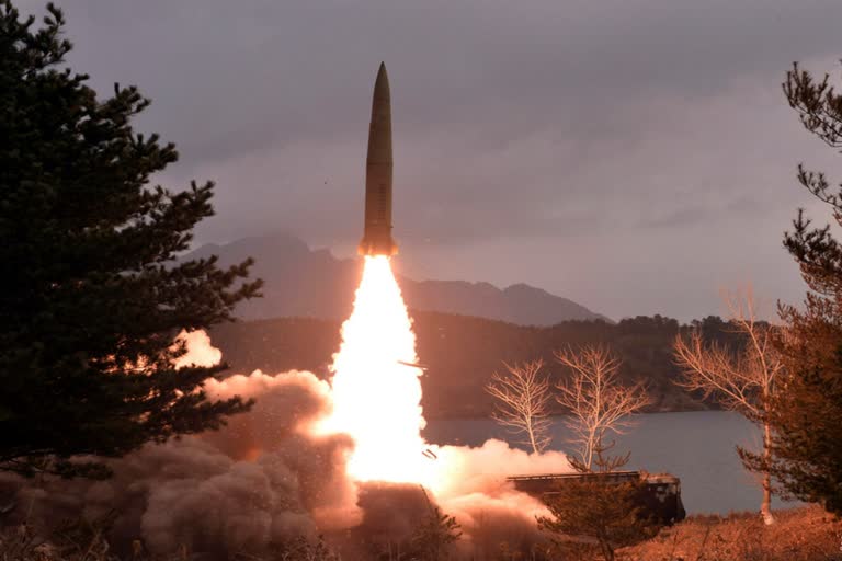 North Korea test-fired at least two short-range ballistic missiles Tuesday from the southwestern coastal town of Jangyon, South Korea’s Joint Chiefs of Staff said in a statement. Independent journalists were not given access to cover the event depicted in this image distributed by the North Korean government. The content of this image is as provided and cannot be independently verified. Korean language watermark on image as provided by source reads: "KCNA" which is the abbreviation for Korean Central News Agency.