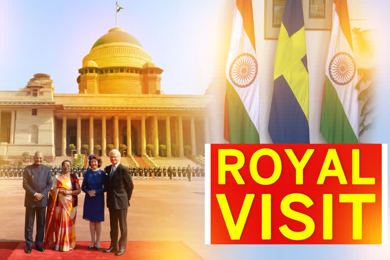 President Ram Nath Kovind receiving the King and Queen of Sweden as they arrived for a five-day visit to India, on Monday.