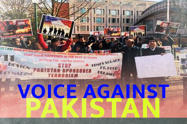 Protests outside Pak embassy in Washington against Islamabad sponsored terrorism, on Sunday.