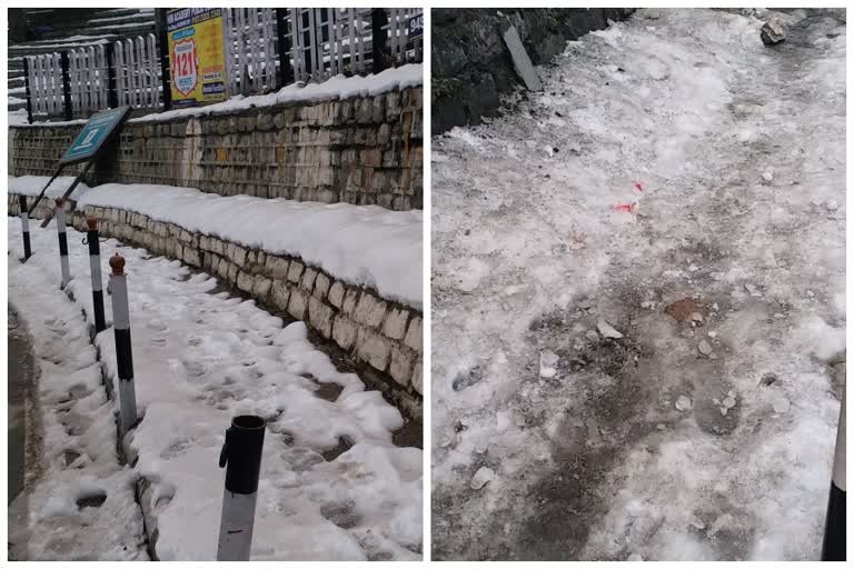 Difficult to walk in Kinnaur on footpath after snowfall