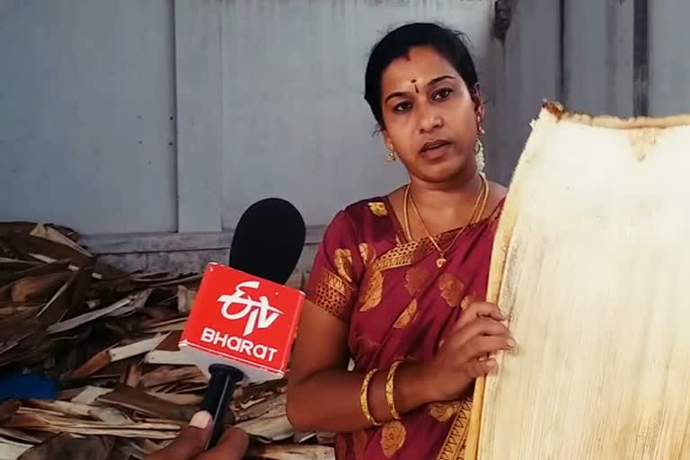 woman manufactures plastic free plates from betel tree